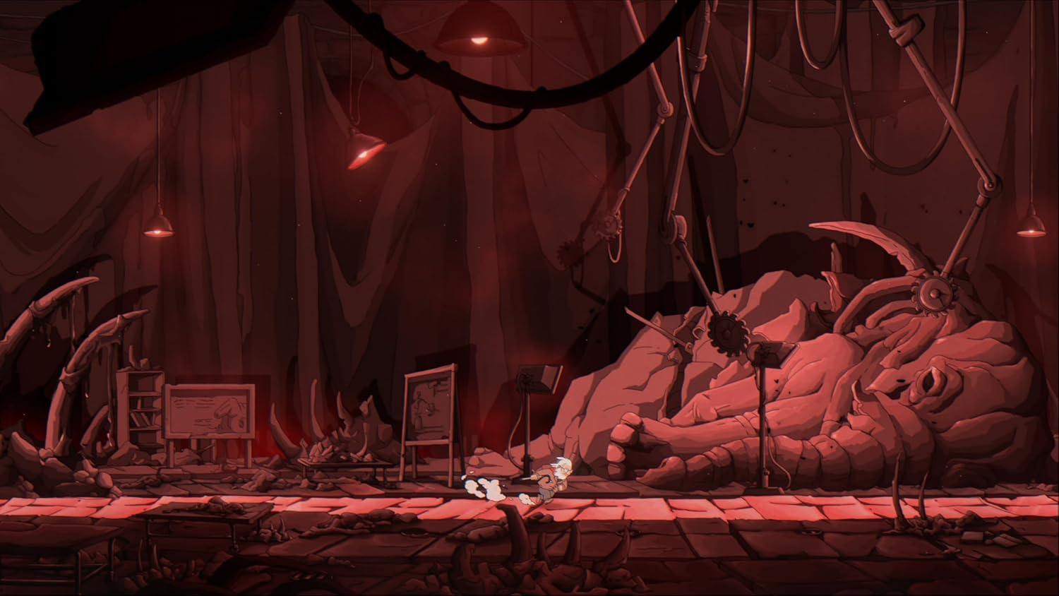 Escena de cueva iluminada en rojo. Una figura corre hacia una criatura caída. Estructuras óseas en el fondo.