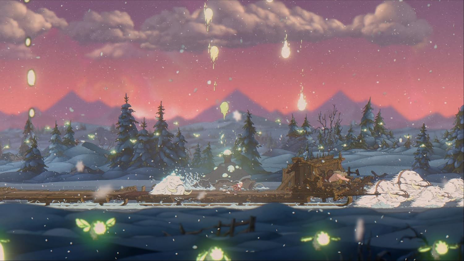 Escena animada de invierno con luces cayendo. Un paisaje nevado con árboles y montañas.