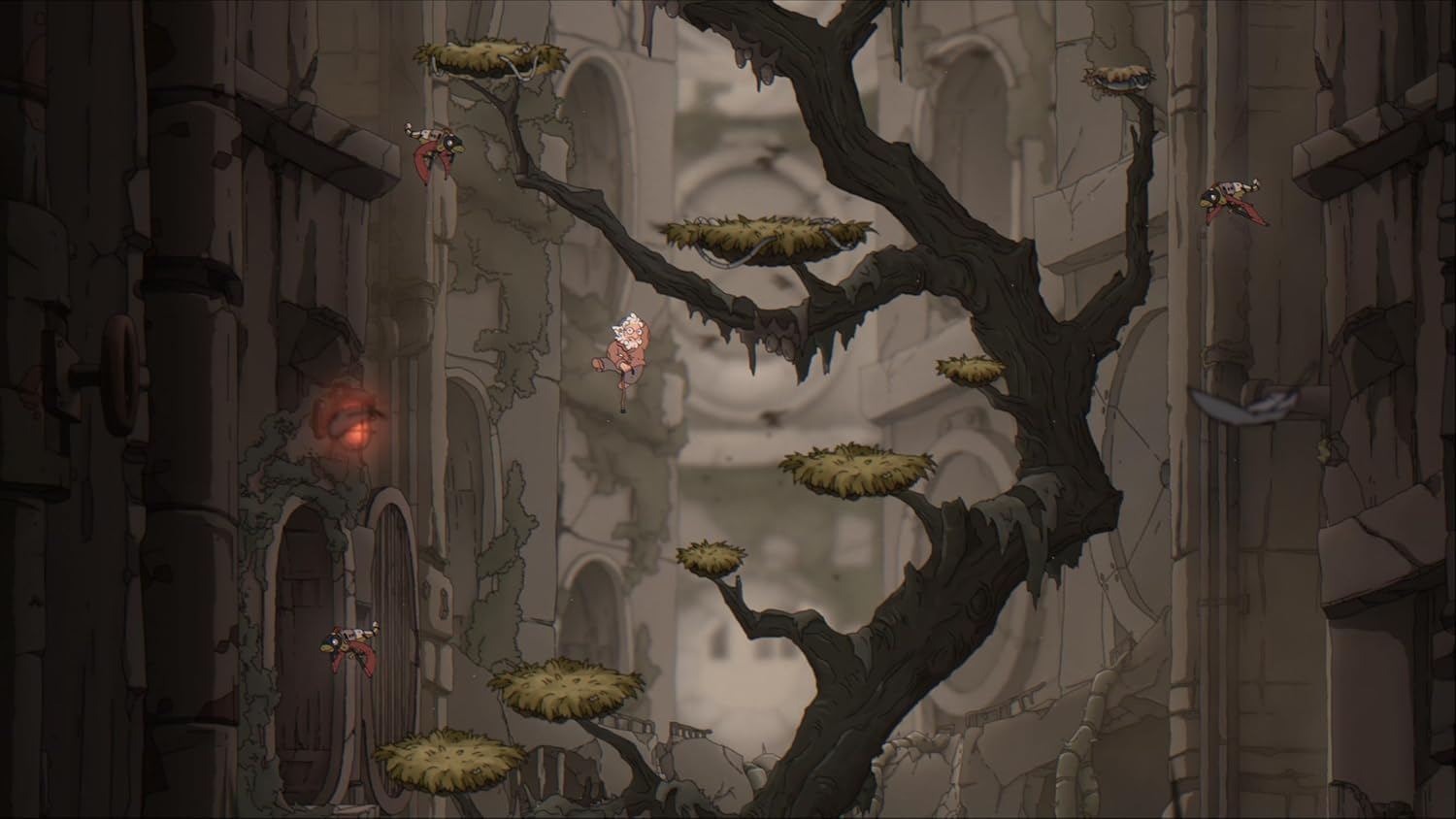 Escena de juego con personaje escalando estructura de árbol en un entorno arruinado.