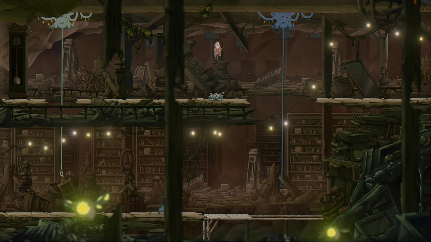 Escena animada de una biblioteca en ruinas con una figura en el centro. Estanterías y escombros llenan la escena.