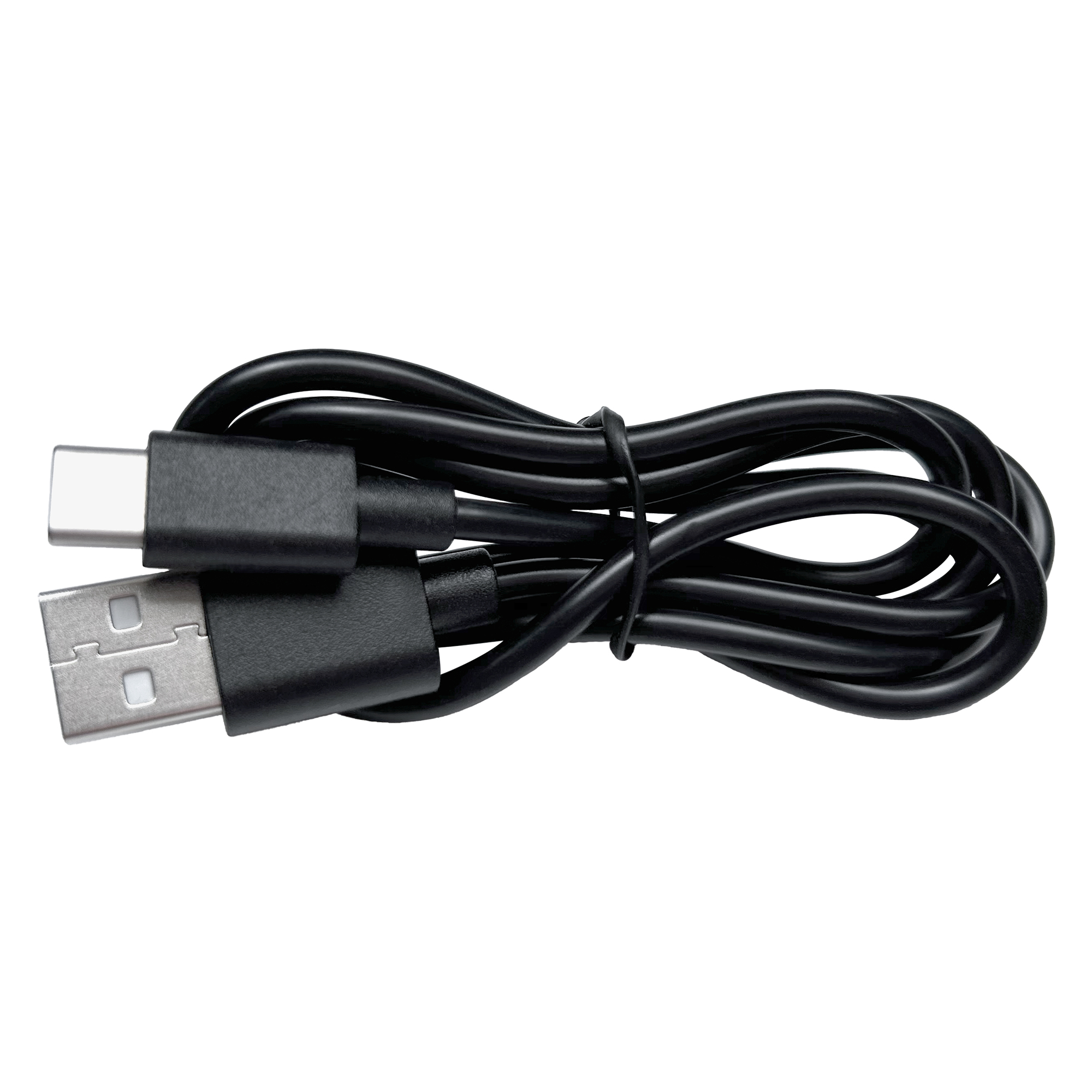 Cable de carga USB negro, enrollado y atado.