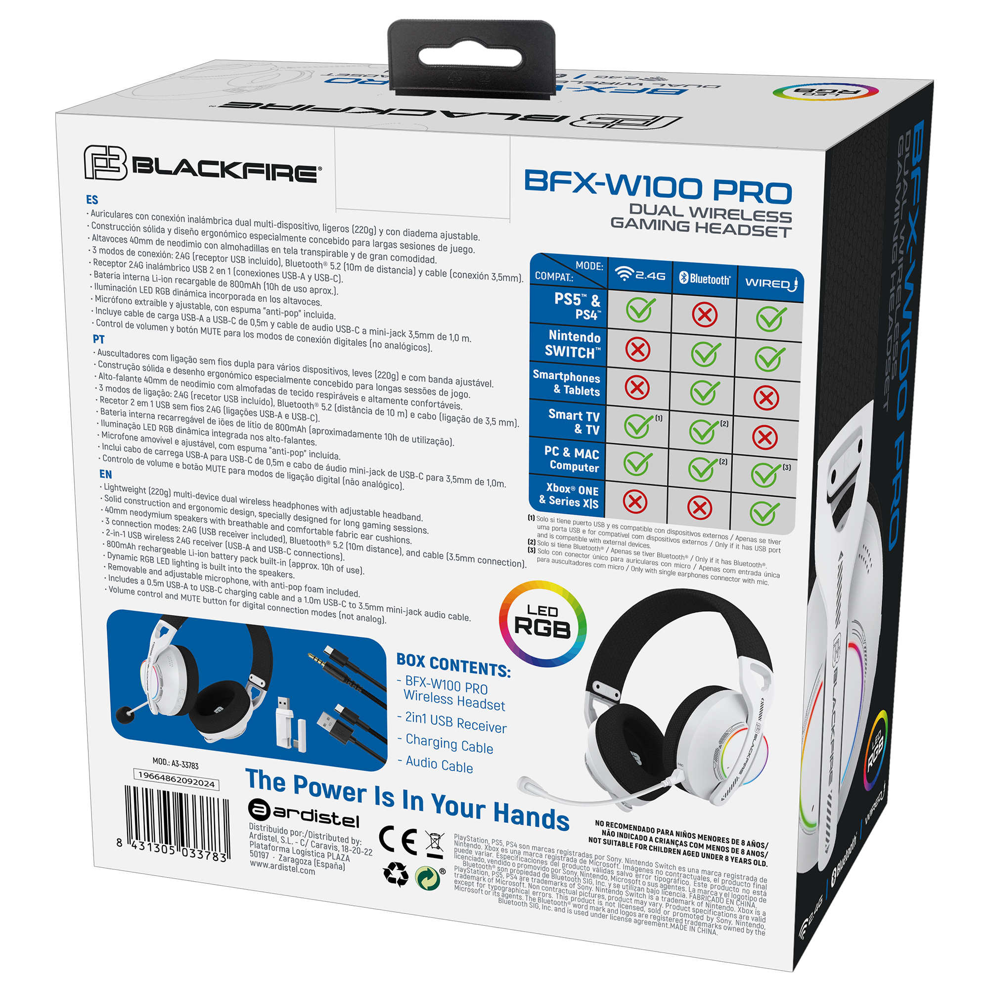 Caja de auriculares gaming inalámbricos Blackfire BFX-W100 Pro, diseño blanco y negro.