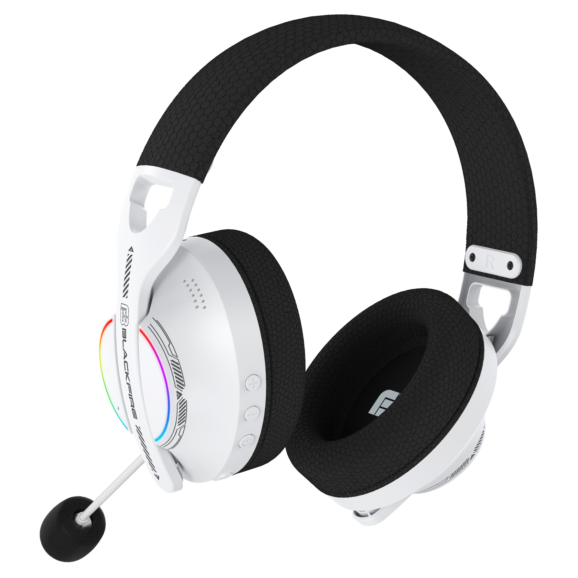 Auriculares gaming blancos y negros con micrófono. Tiene una luz de arcoíris en el lateral.