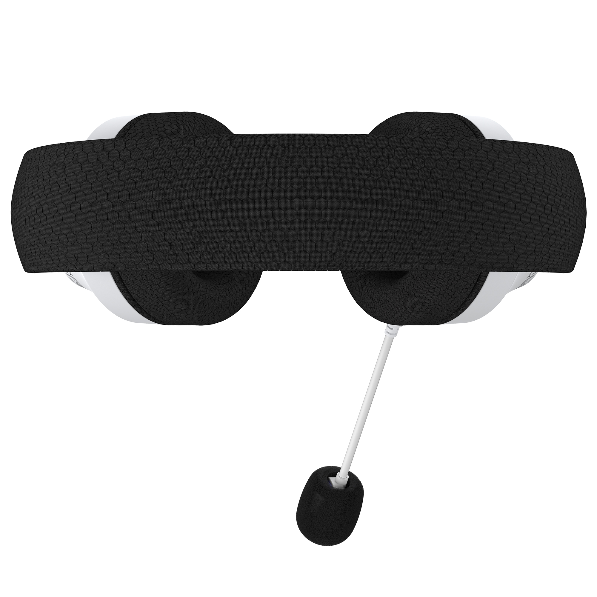 Auriculares, blancos, desde arriba. La malla negra cubre las orejeras y la diadema. Un micrófono se extiende.