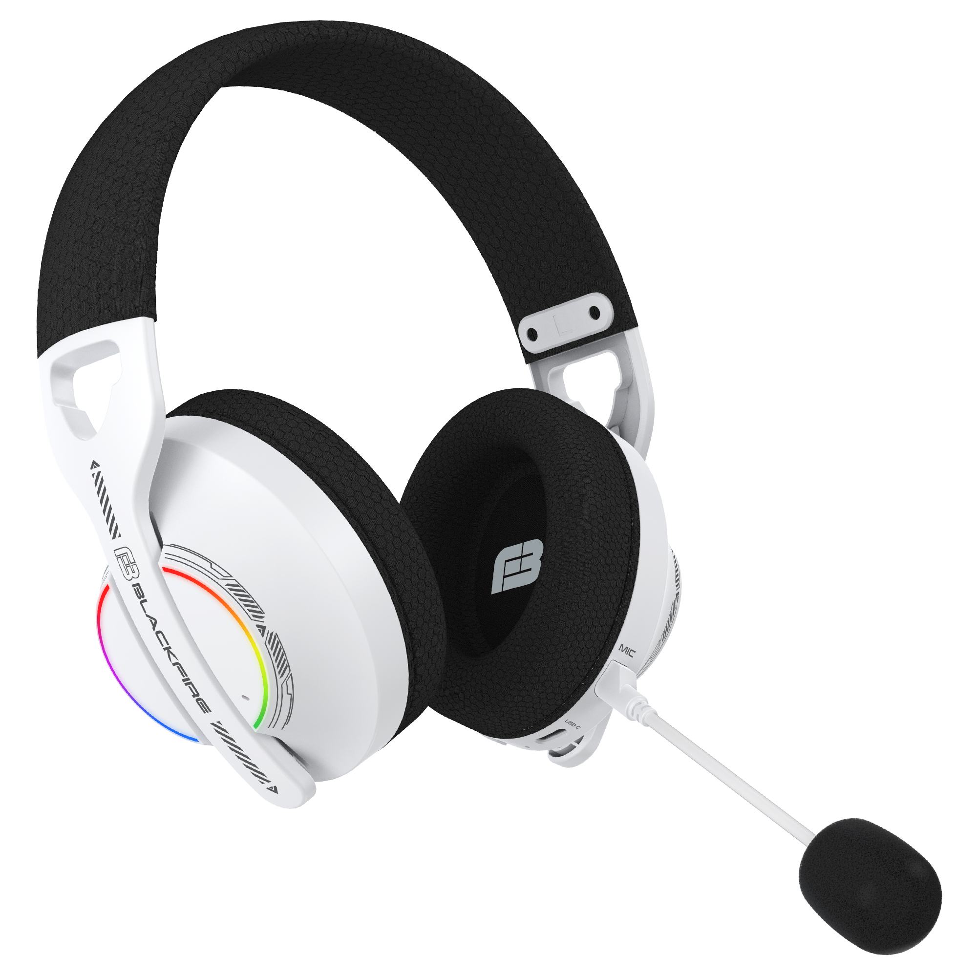 Auriculares para juegos blancos con micrófono. Los auriculares tienen luces de colores y están sobre un fondo blanco.