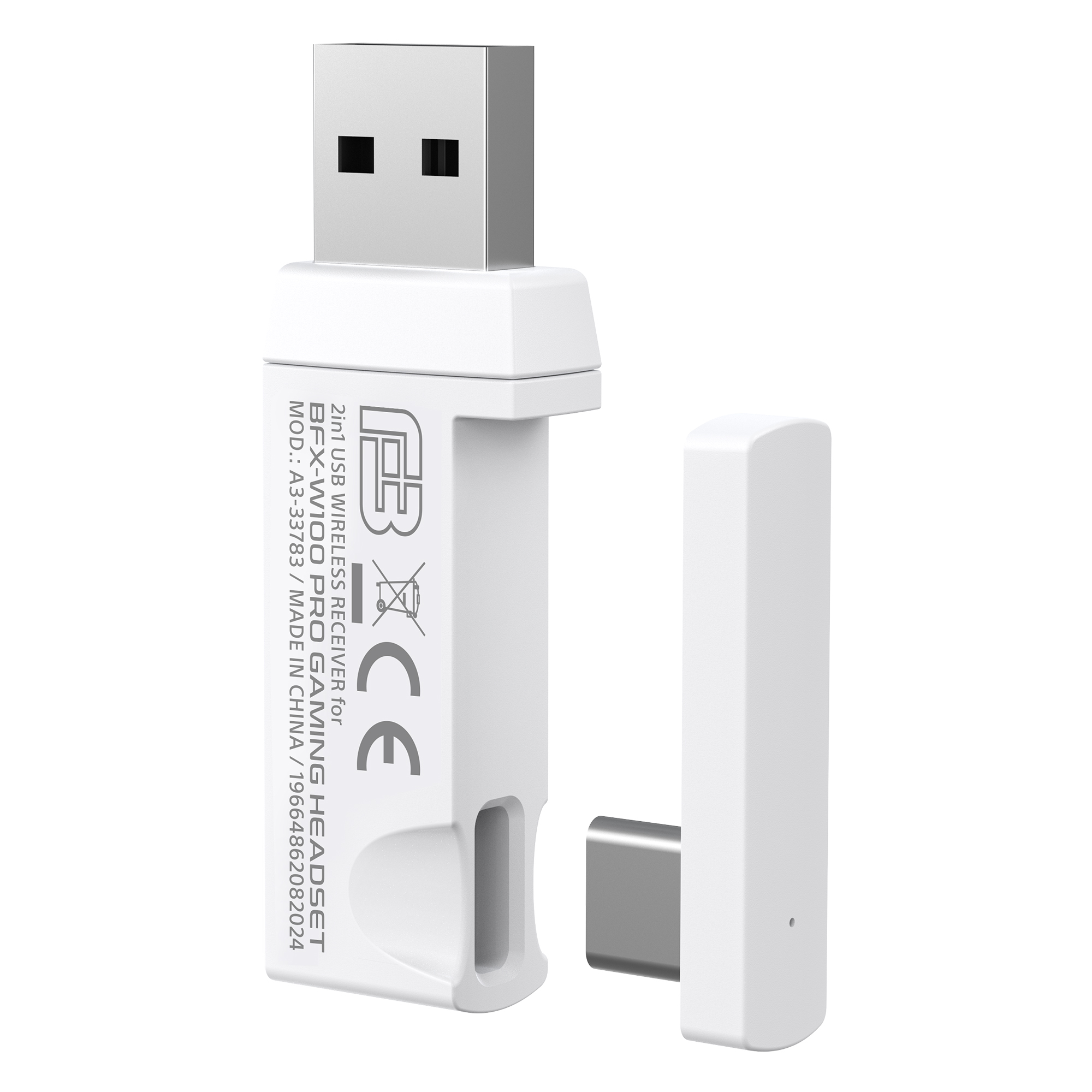 Receptor inalámbrico USB 2 en 1 para auriculares gaming. Blanco, con USB y USB-C.
