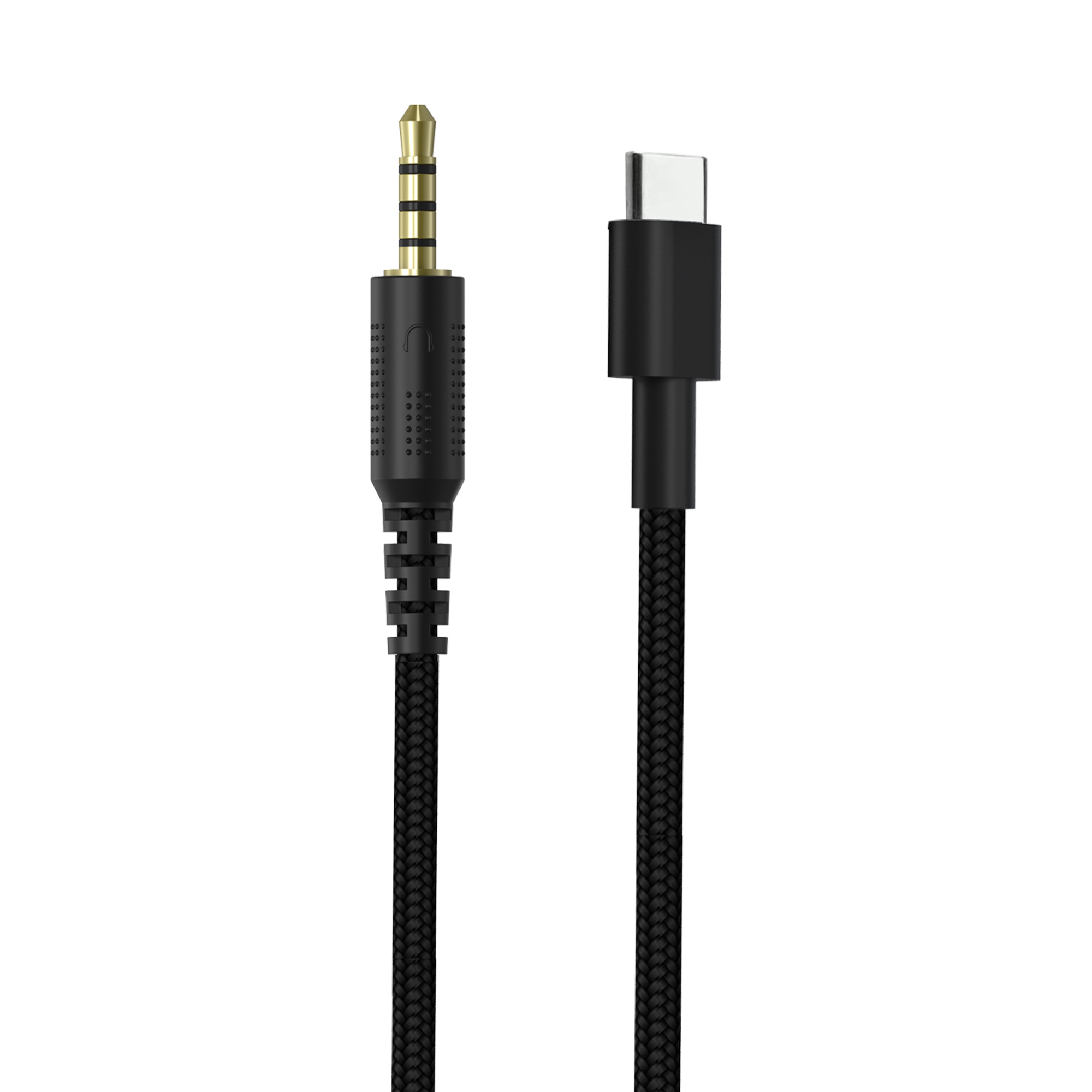 Cable de audio negro y dorado con conector de 3,5 mm y USB-C, sobre fondo blanco.
