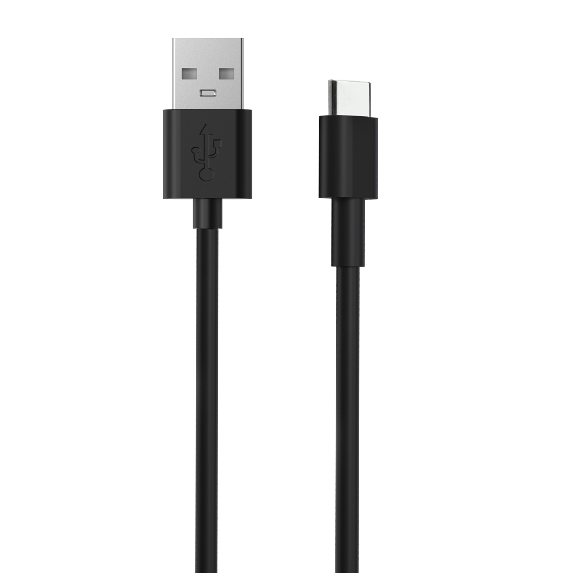 Cable negro USB-A a USB-C, con conectores en ambos extremos.