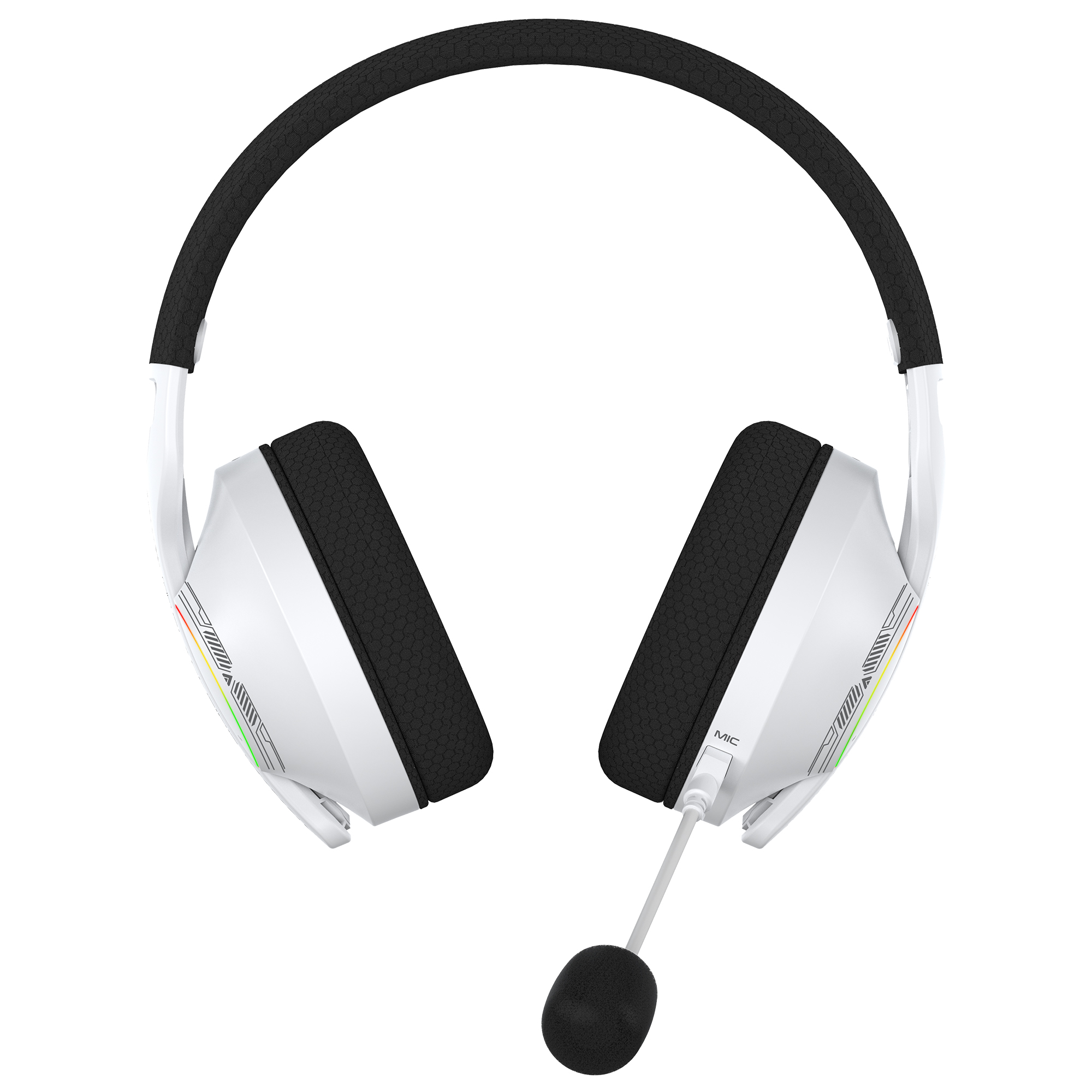 Auriculares gaming blancos con micrófono. Tiene acolchado negro y rayas coloridas en los laterales.