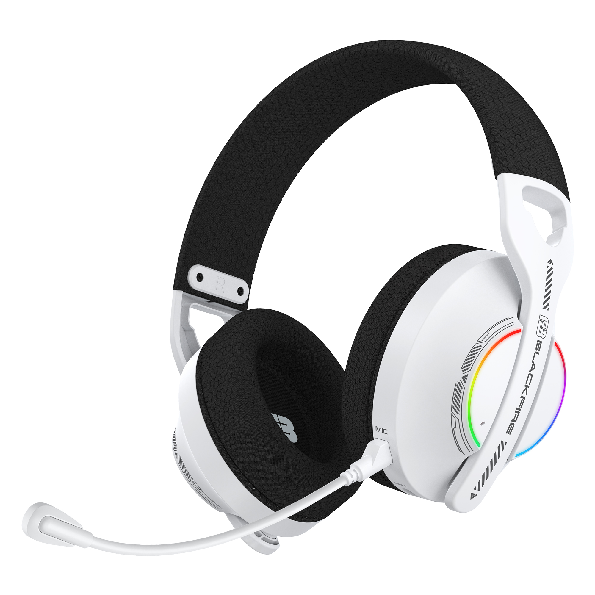 Un auricular para juegos blanco con micrófono y luces de colores.