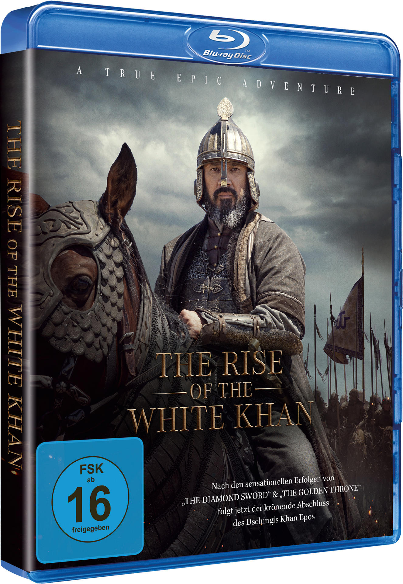 Blu-ray-Disc von 'The Rise of the White Khan' mit einem Krieger auf einem Pferd.