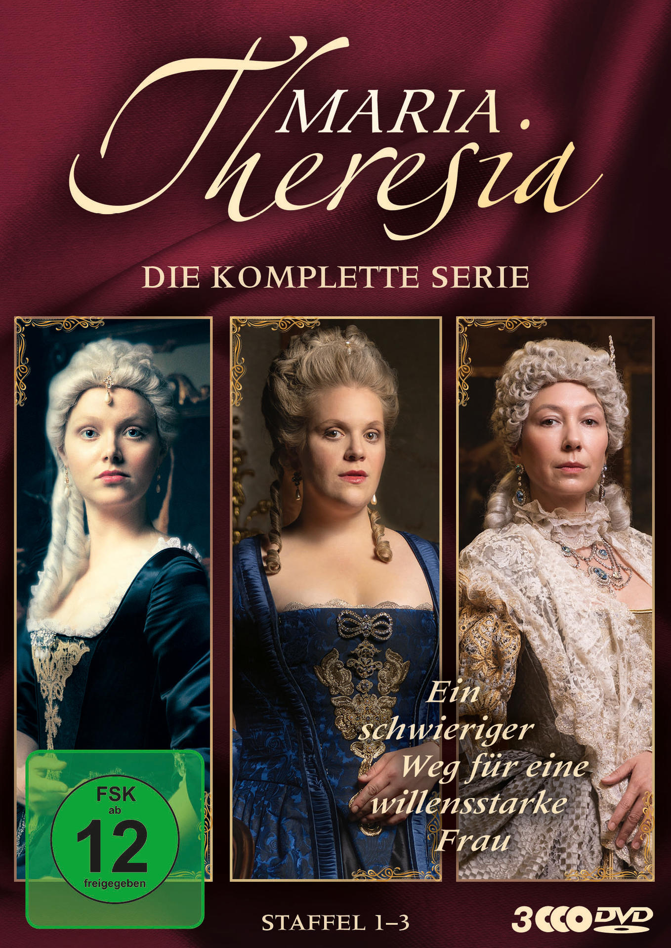 DVD-Cover auf Deutsch. Porträts von drei Frauen in historischer Kleidung. Titel ist Maria Theresia.