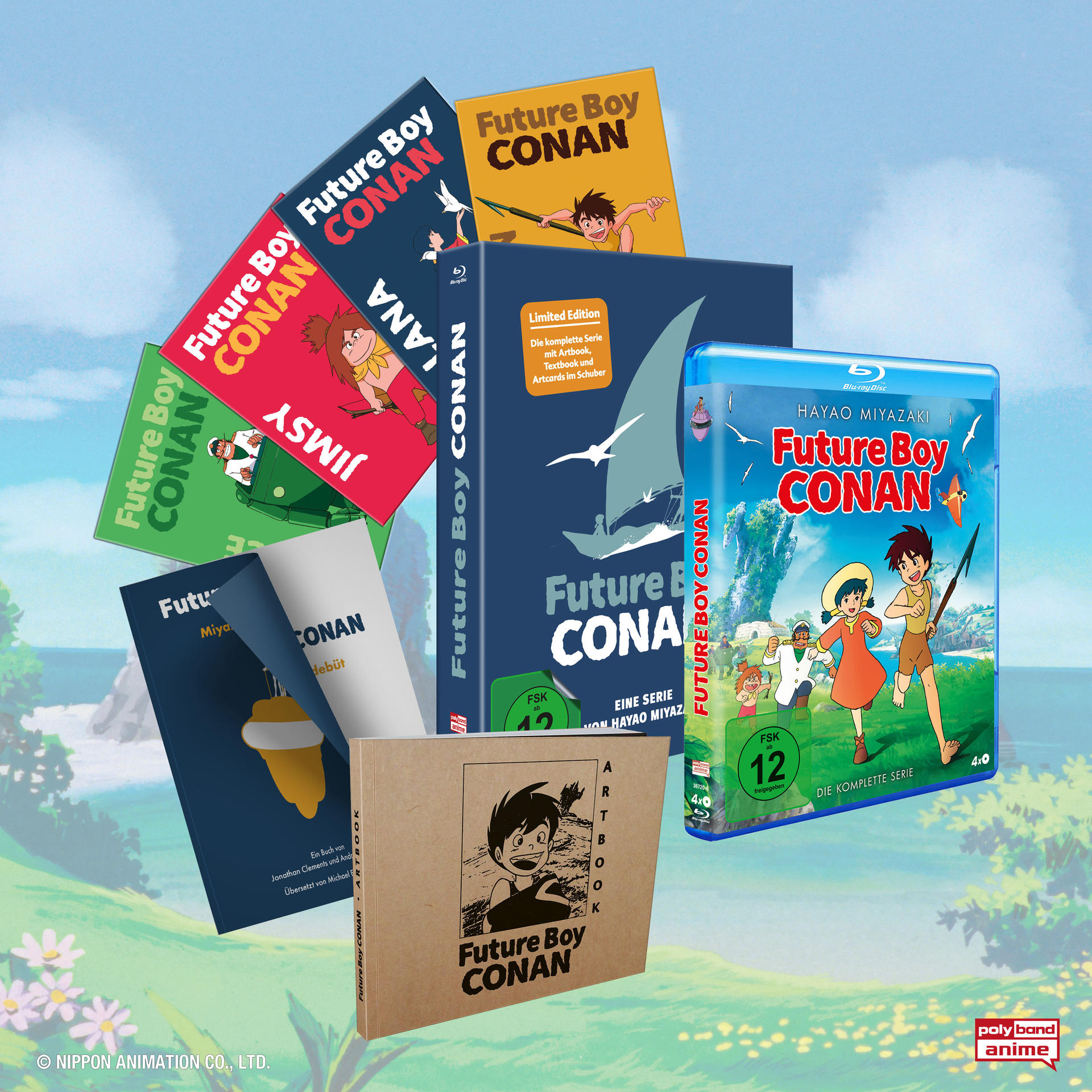 Verschiedene DVD- und Blu-ray-Discs einer Zeichentrickserie, mit Buch.