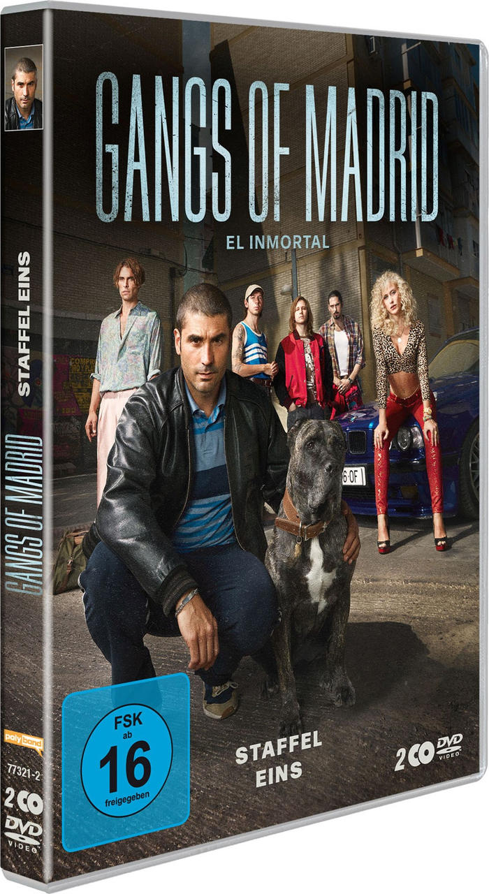 DVD-Box des Films 'Gangs of Madrid'. Gruppe von Leuten im Vordergrund. Blaues Auto.