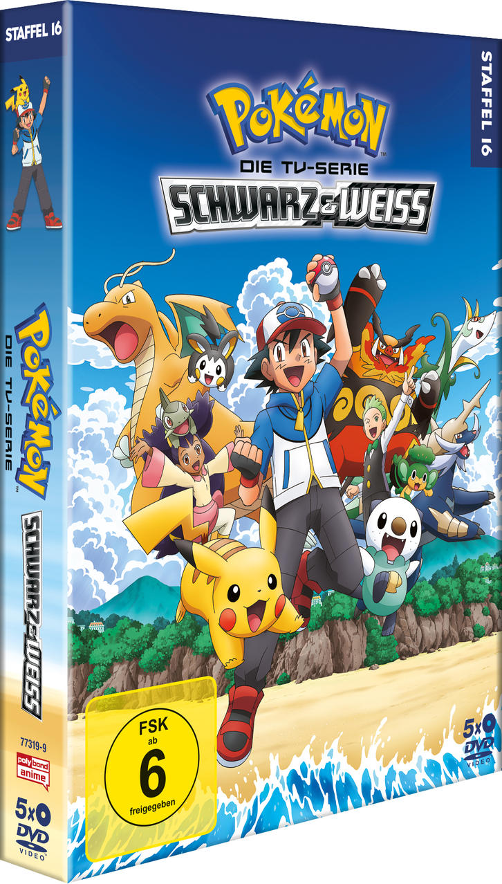DVD-Box-Set für Pokémon: Schwarz & Weiß. Zeigt Charaktere an einem Strand mit blauem Himmel und Ozean.