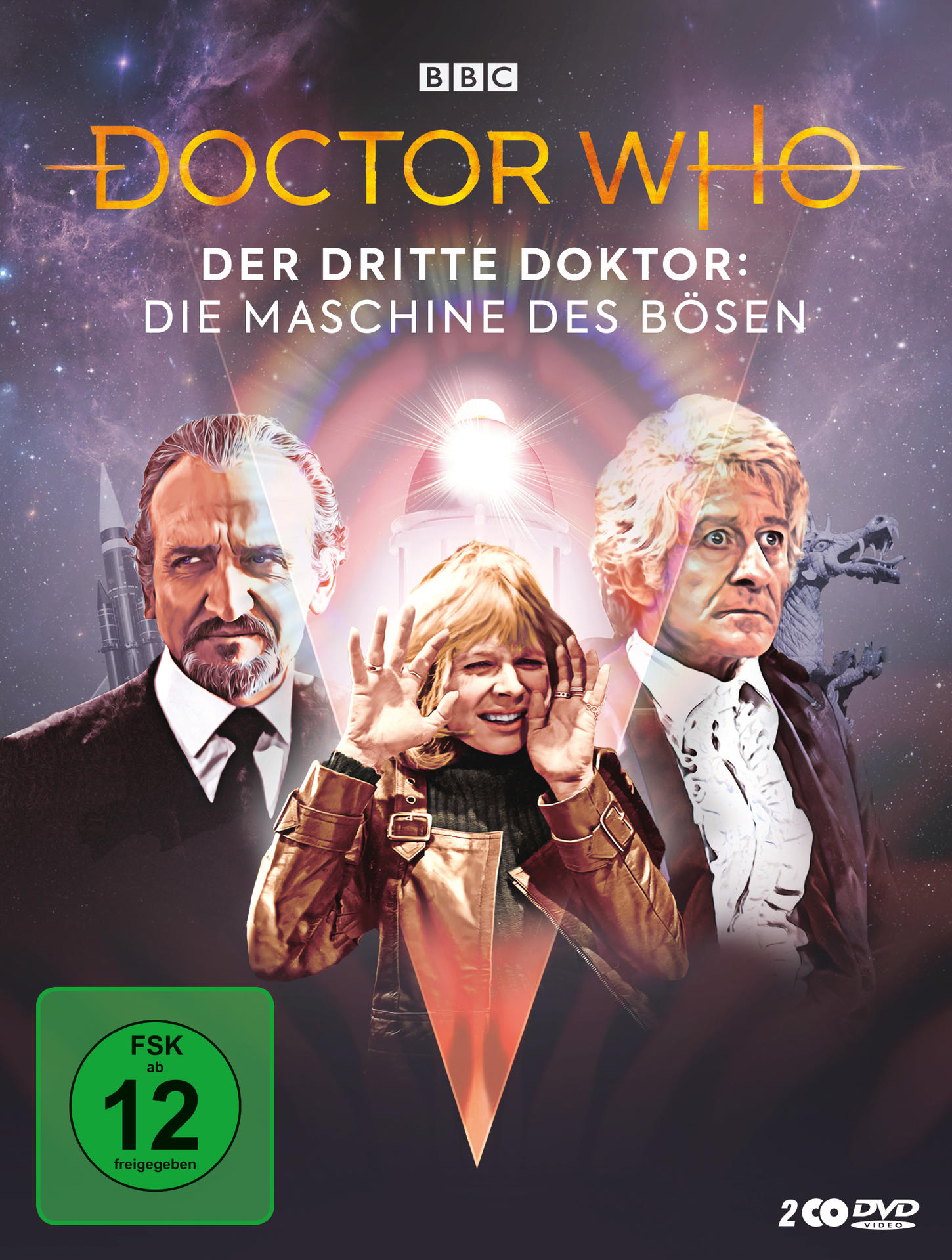 DVD-Cover für Doctor Who, mit drei Personen vor farbenfrohem Weltraumhintergrund.