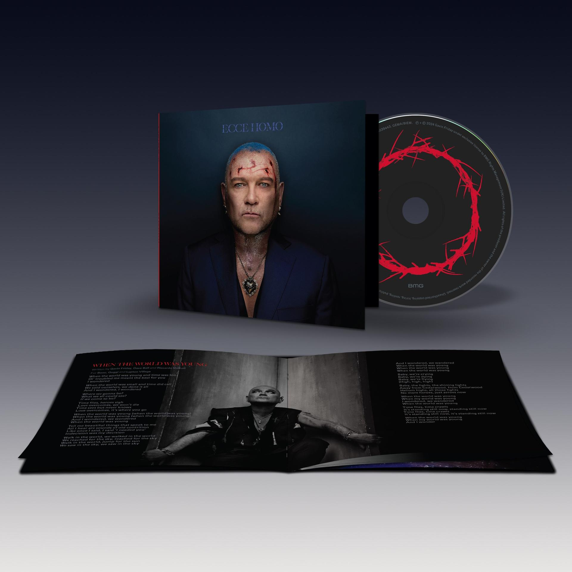 CD-Hülle mit Porträt eines Mannes und CD. Innenseite zeigt Liedtexte.
