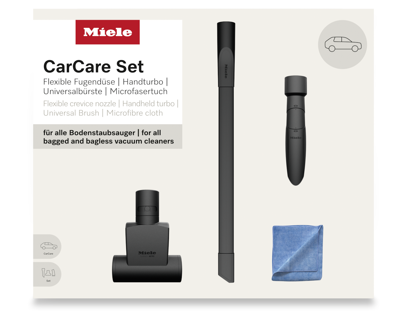 Ein Miele CarCare Set, einschließlich Reinigungsaufsätze und ein Mikrofasertuch.