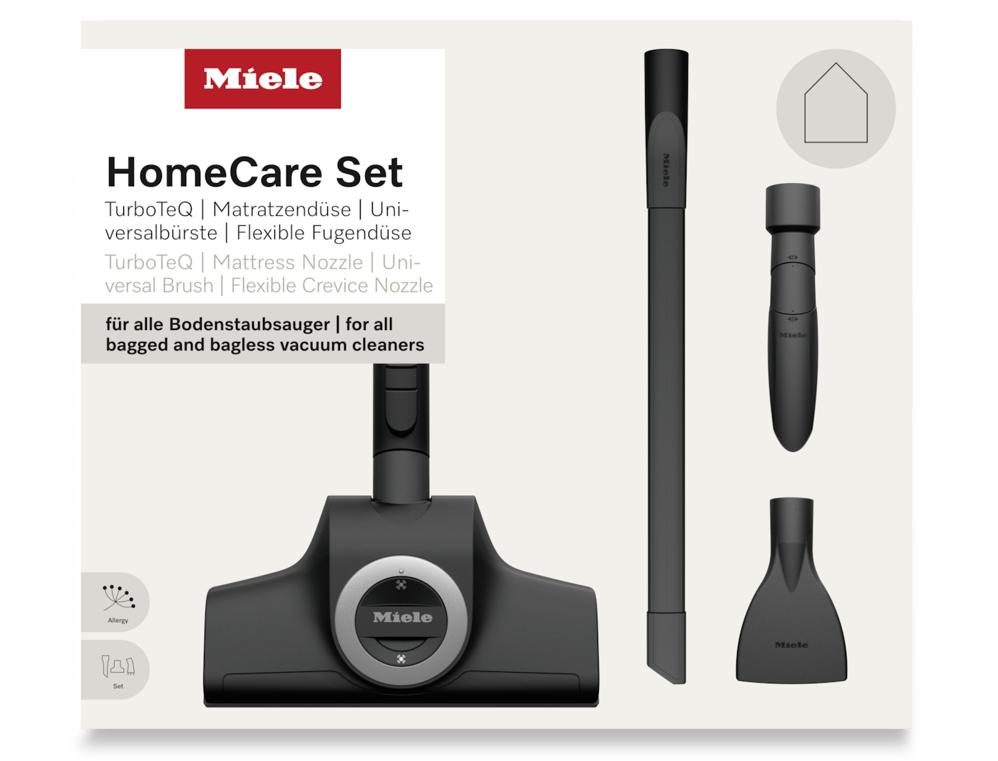 Ein Produktfoto des Miele HomeCare Sets, das verschiedene Staubsaugeraufsätze in Schwarz zeigt.