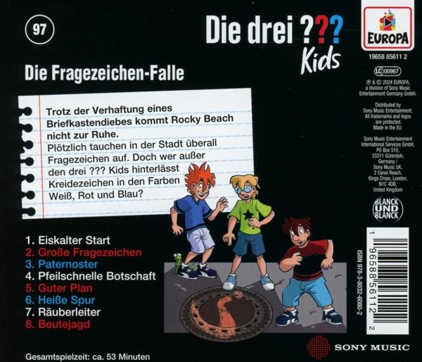 Die Rückseite eines Comicbuchs mit Illustrationen von drei Jungen und Text auf Deutsch.