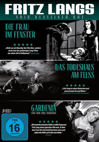 DVD-Box-Set mit drei Filmcovern: Die Frau im Fenster, Das Todeshaus am Fluss, Gardena.