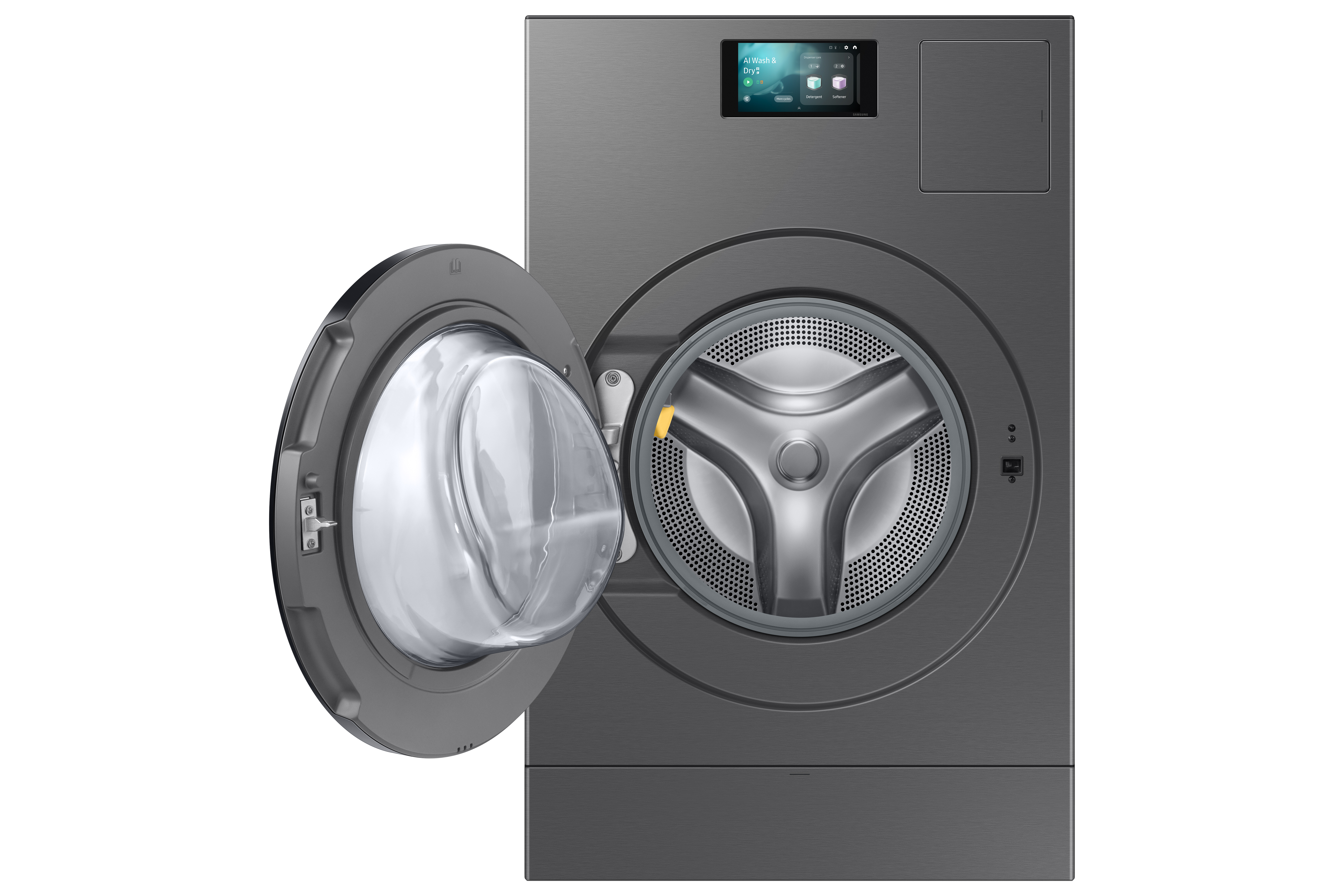 Dunkelgraue Waschmaschine mit offener Tür. Weißer Hintergrund.