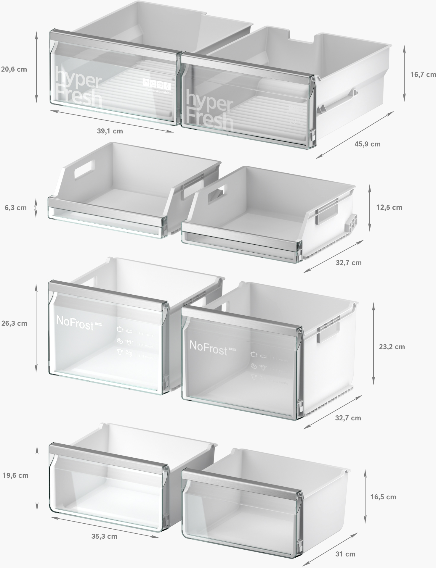 Verschiedene Kühlschrank-Schubladen mit Abmessungen. HyperFresh- und NoFrost-Schubladen sind mit ihren Abmessungen sichtbar.