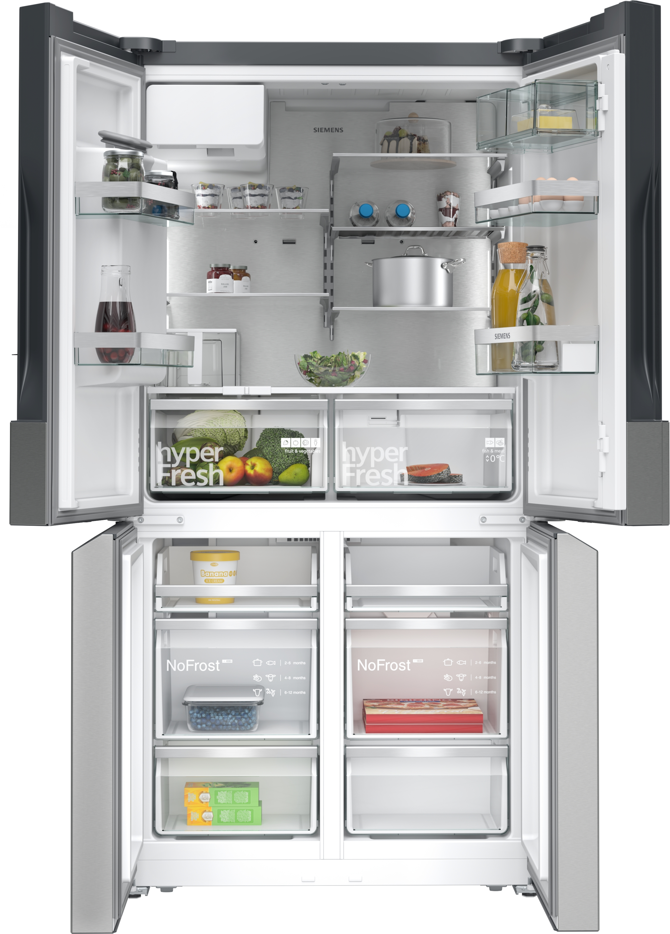 Offener Siemens Kühlschrank, mit mehreren Fächern und sichtbaren Lebensmitteln.