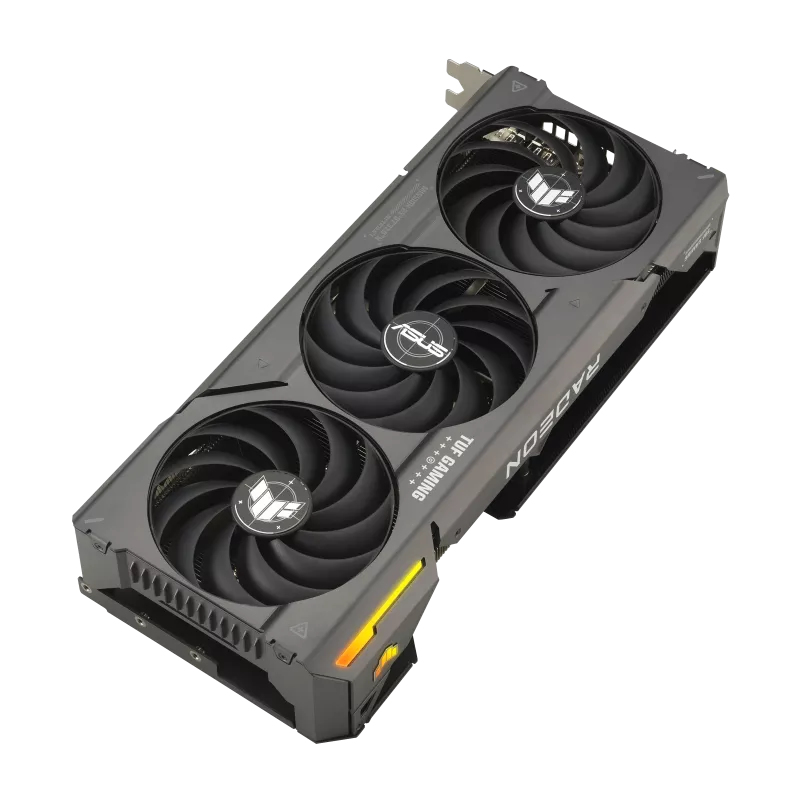Schwarze und graue Grafikkarte mit drei Lüftern, das Wort Radeon ist sichtbar.