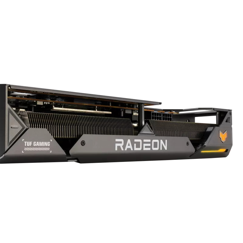 Eine Radeon TUF GAMING Grafikkarte, mit sichtbarem Radeon-Logo. Die Karte ist grau und schwarz.