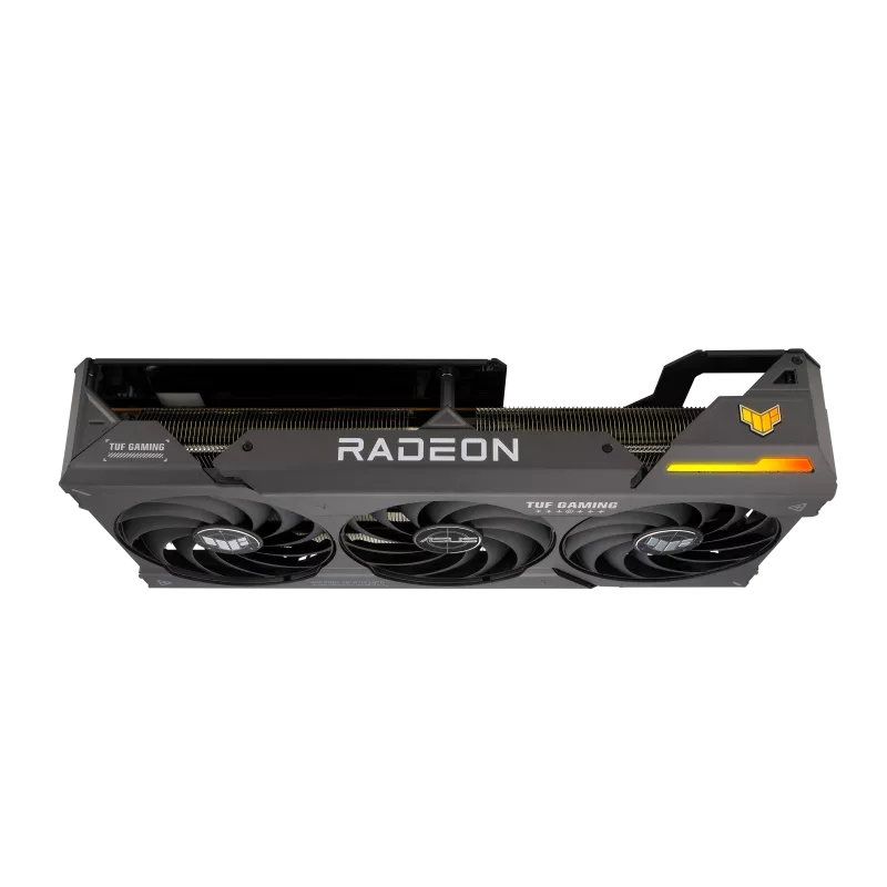 Radeon Grafikkarte mit drei Lüftern, schwarz-graues Design.