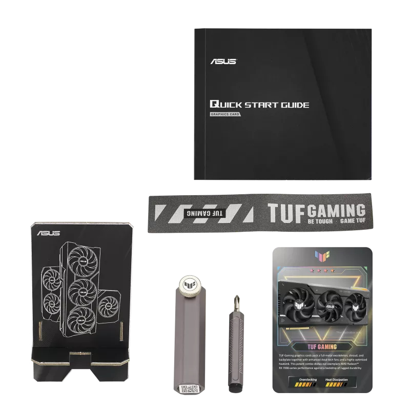 Asus TUF Gaming-Komponenten: Grafikkarte, Schnellstartanleitung, Schraubendreher und TUF Gaming-Armband.