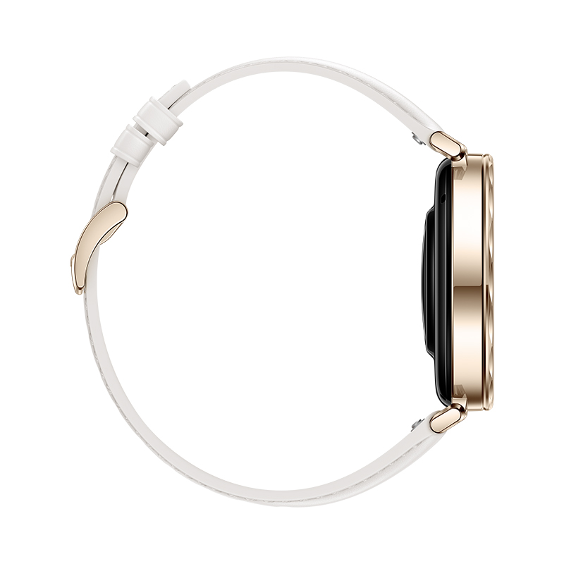 Widok z boku złotego smartwatcha z białym paskiem. Pasek jest skórzany i ma klamrę.