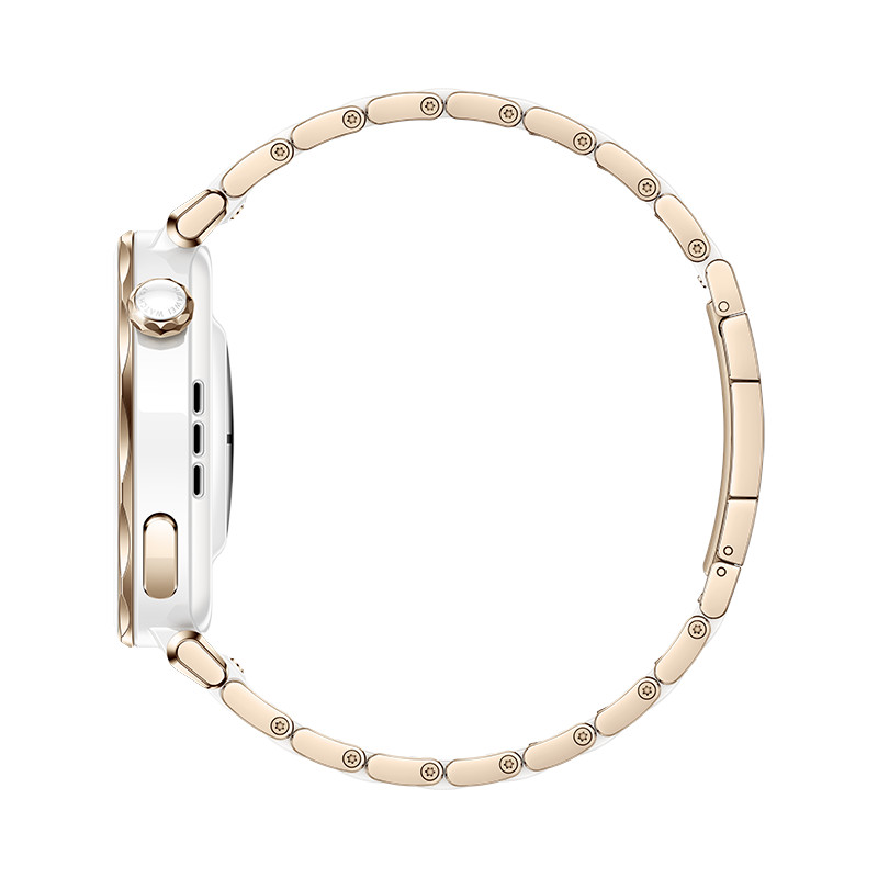 Widok z boku białego Apple Watch z metalową opaską w kolorze złotym. Opaska ma kształt okrągły.