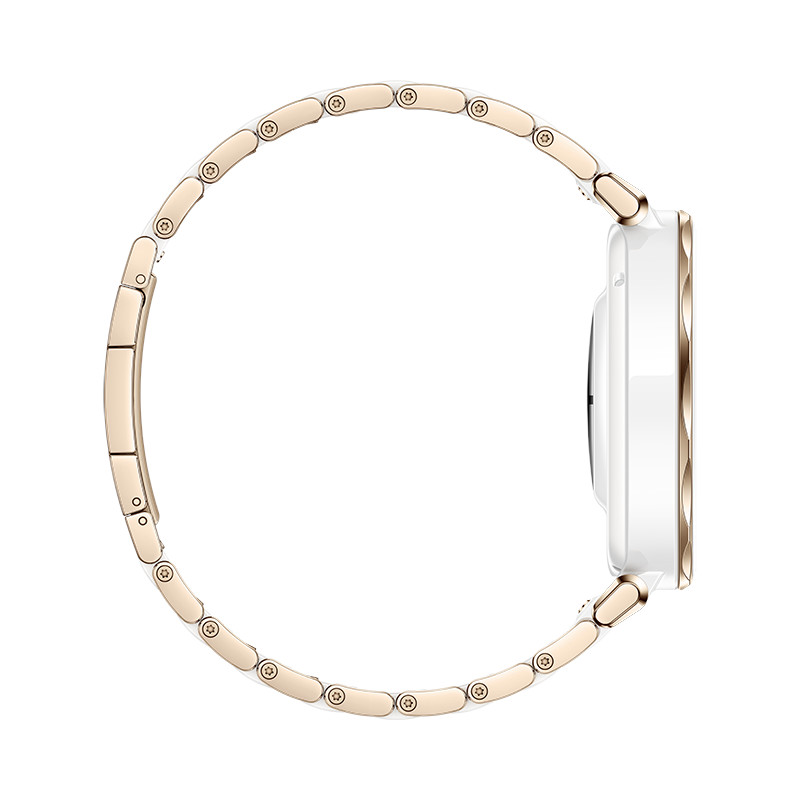 Widok z boku białego i złotego smartwatcha na białym tle. Zegarek jest okrągły.