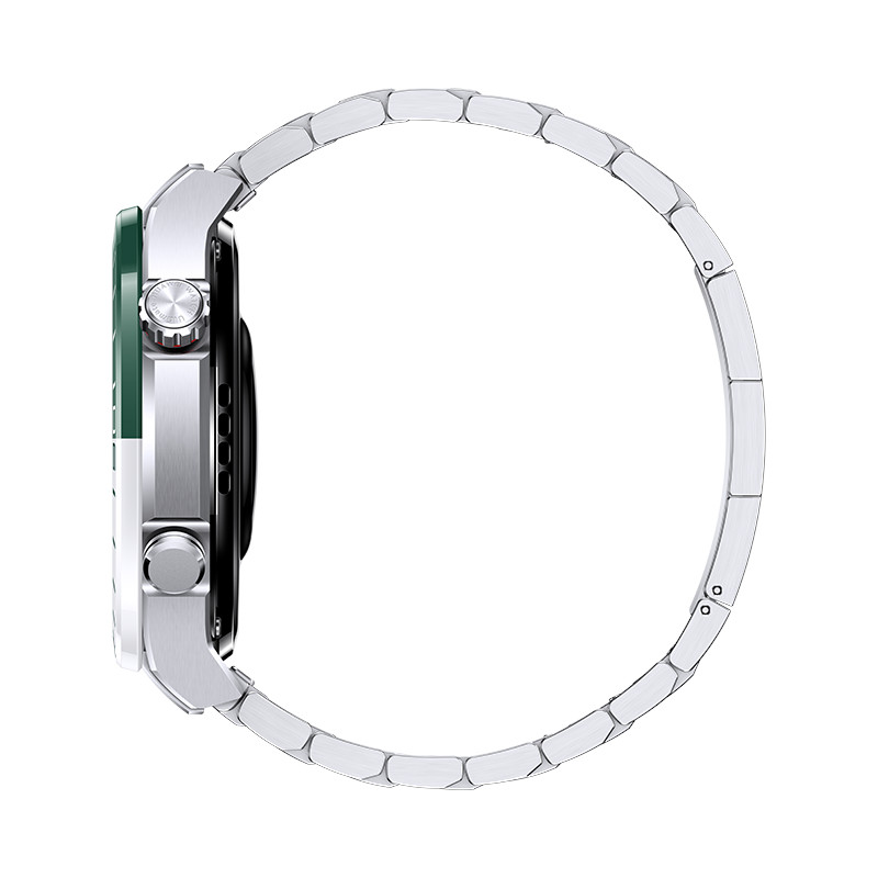 Widok z boku srebrnego smartwatcha z zielonym ekranem i metalową bransoletą.