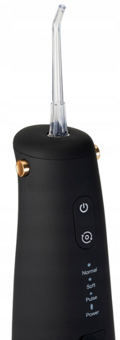 Czarny irygator do jamy ustnej z przyciskami zasilania i wyboru trybu, na białym tle.