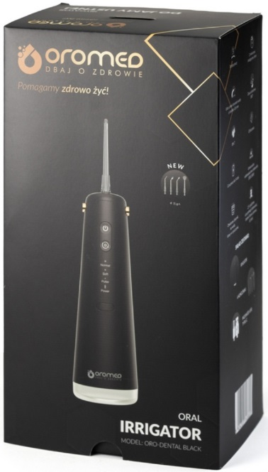 Czarne pudełko irygatora do jamy ustnej, z irygatorem i tekstem o produkcie.