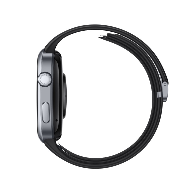 Czarny smartwatch z czarnym paskiem na białym tle.