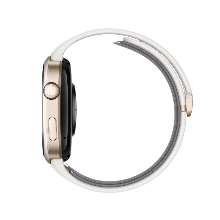 Widok z boku złotego smartwatcha z białym paskiem i szarym akcentem.