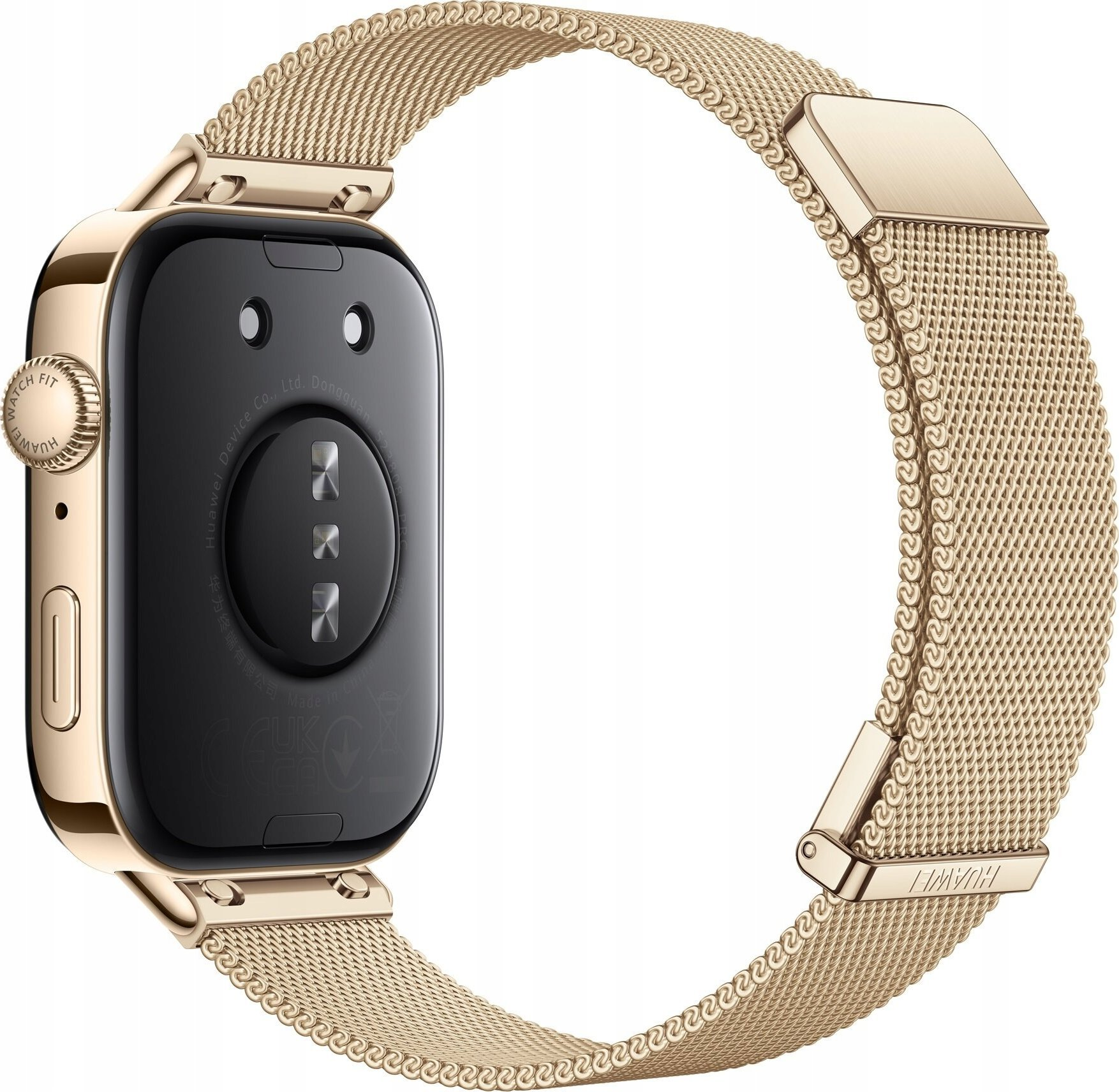 Złoty smartwatch, pokazujący tył z dołączonym paskiem.