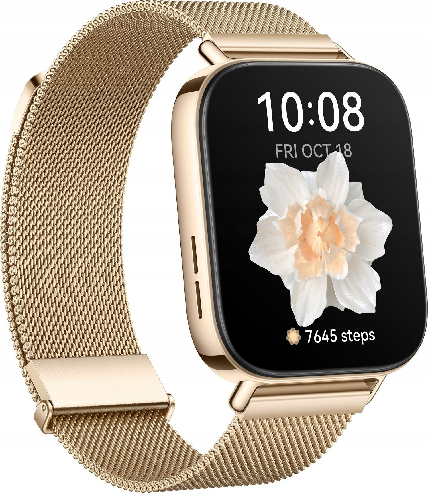 Złoty smartwatch ze złotą opaską. Ekran wyświetla godzinę, datę, kwiat i liczbę kroków.
