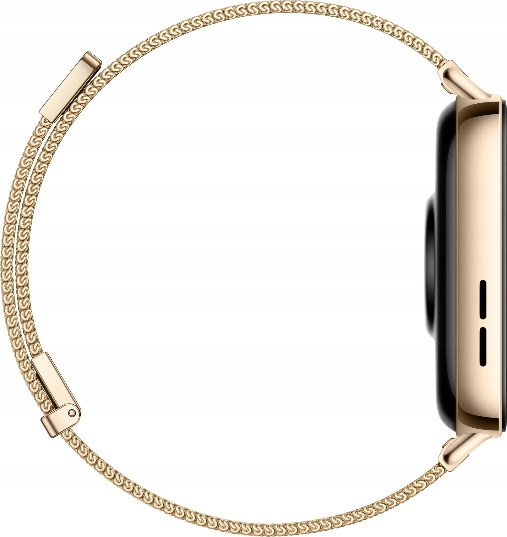 Widok z boku złotego smartwatcha z siatkowym paskiem, na białym tle.