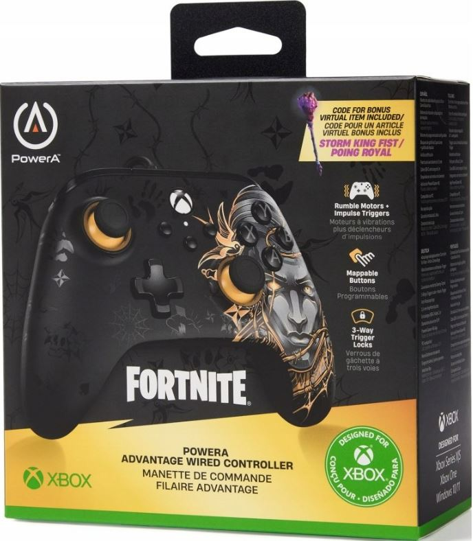 Czarny kontroler PowerA do Xboxa, z marką Fortnite i złotymi akcentami, w opakowaniu.