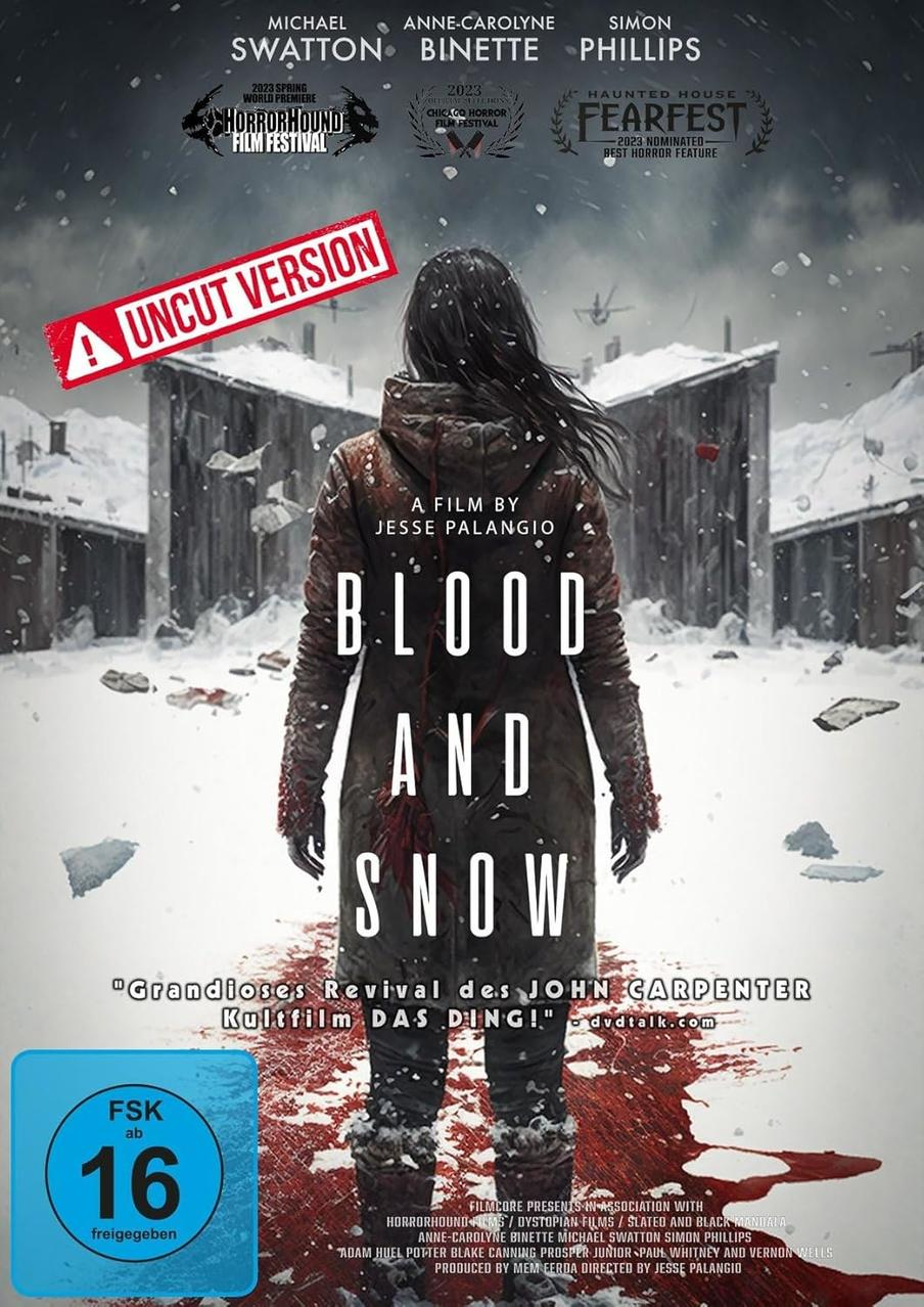 Filmplakat: Eine Frau in einem verschneiten Wald, Titel 'Blood and Snow'.