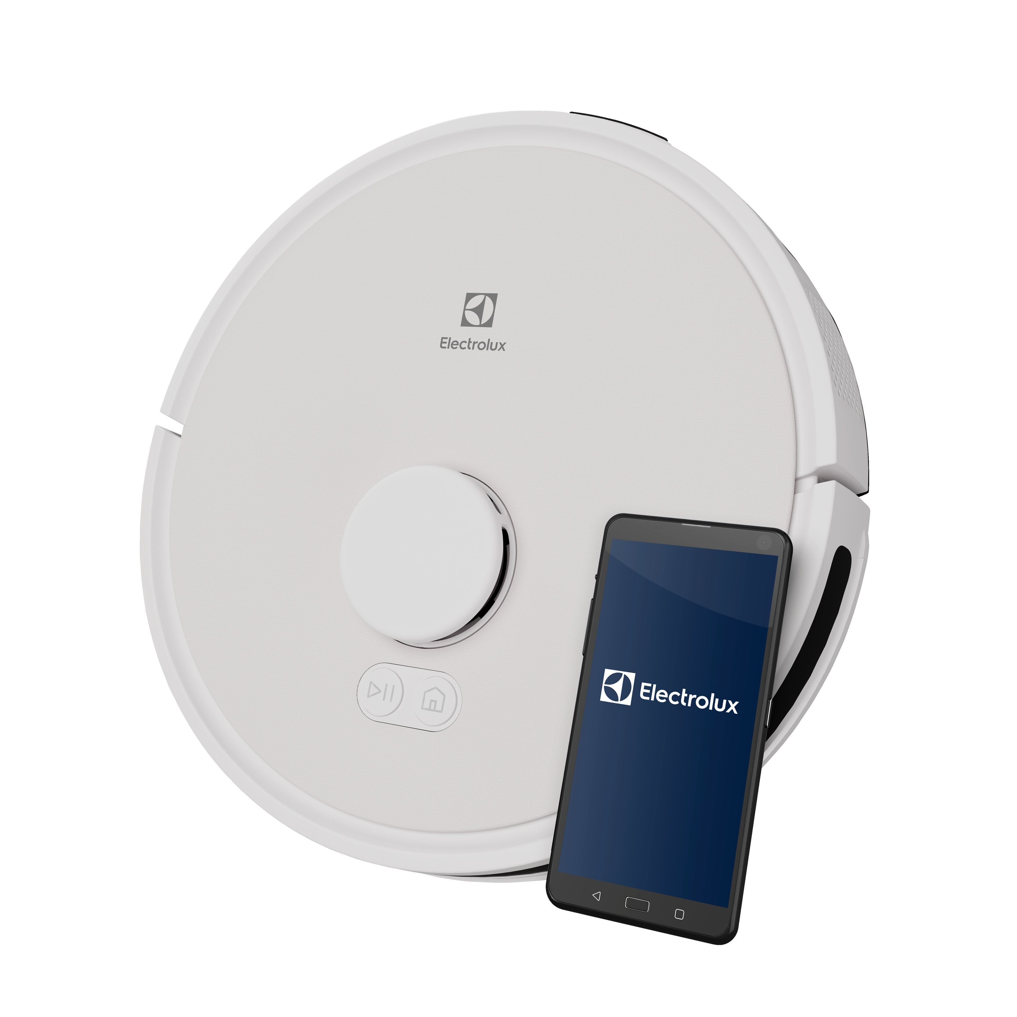 Beyaz robot süpürge ve akıllı telefon. Telefonda bir Electrolux logosu görüntüleniyor.