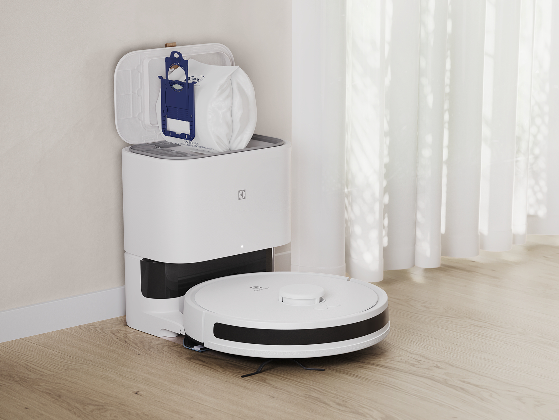 Beyaz bir robot süpürge ve bir şarj istasyonu. İstasyon beyaz ve açık bir kapağı var.