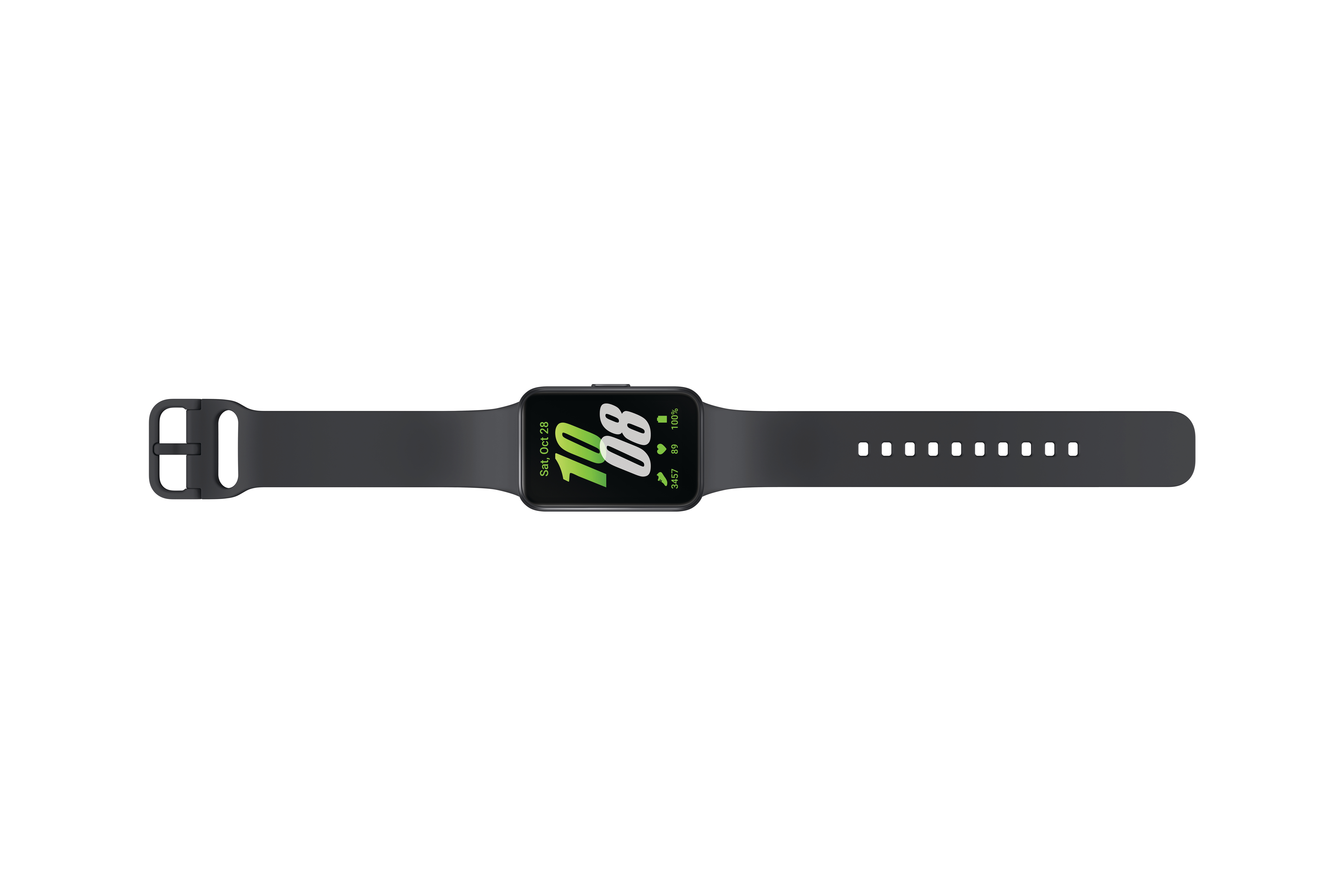 Schwarze Smartwatch mit grünem Display, das Zeit und Fitnessdaten zeigt.
