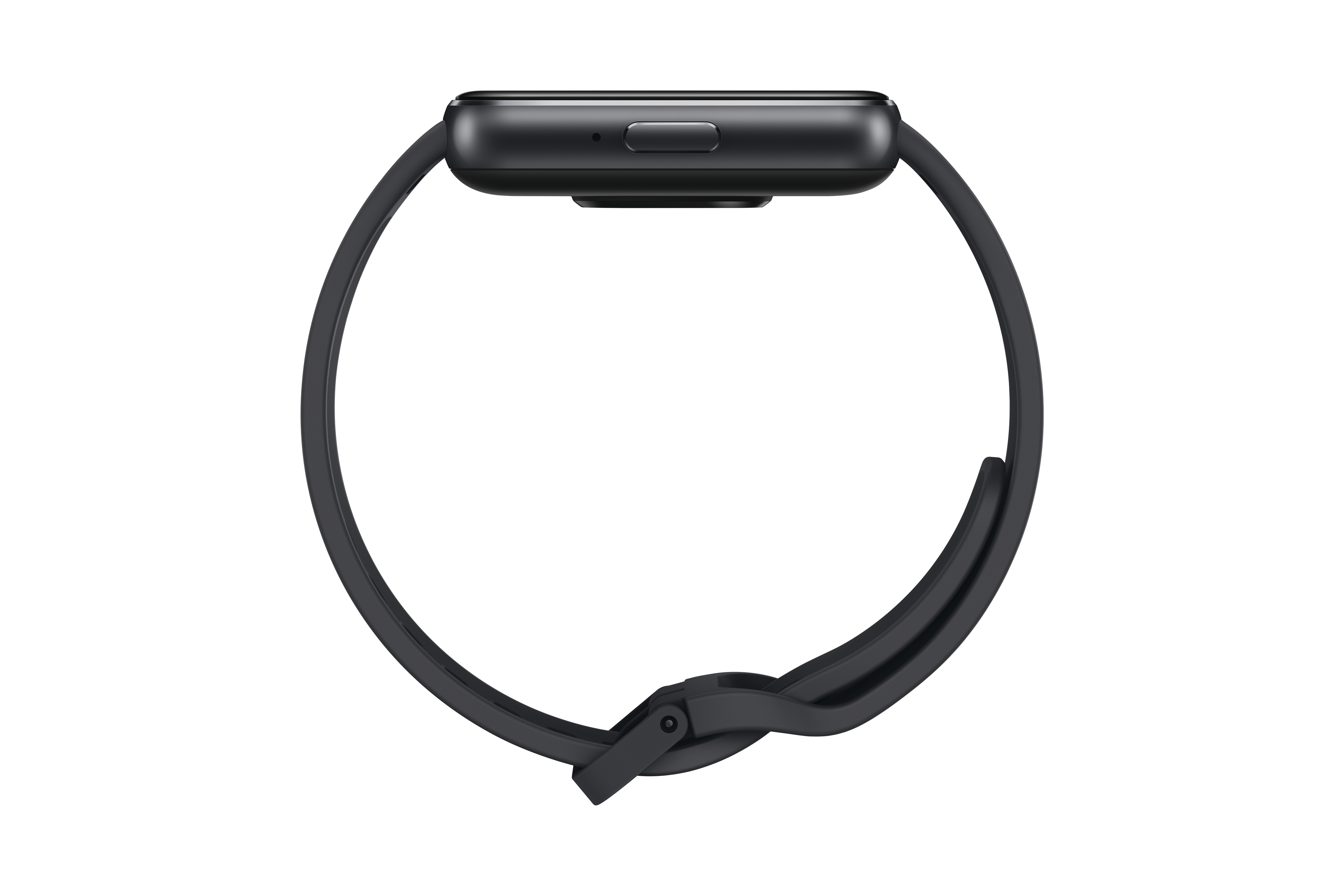 Schwarze Smartwatch im Profil, zeigt Zifferblatt und Armband, freigestellt auf Weiß.