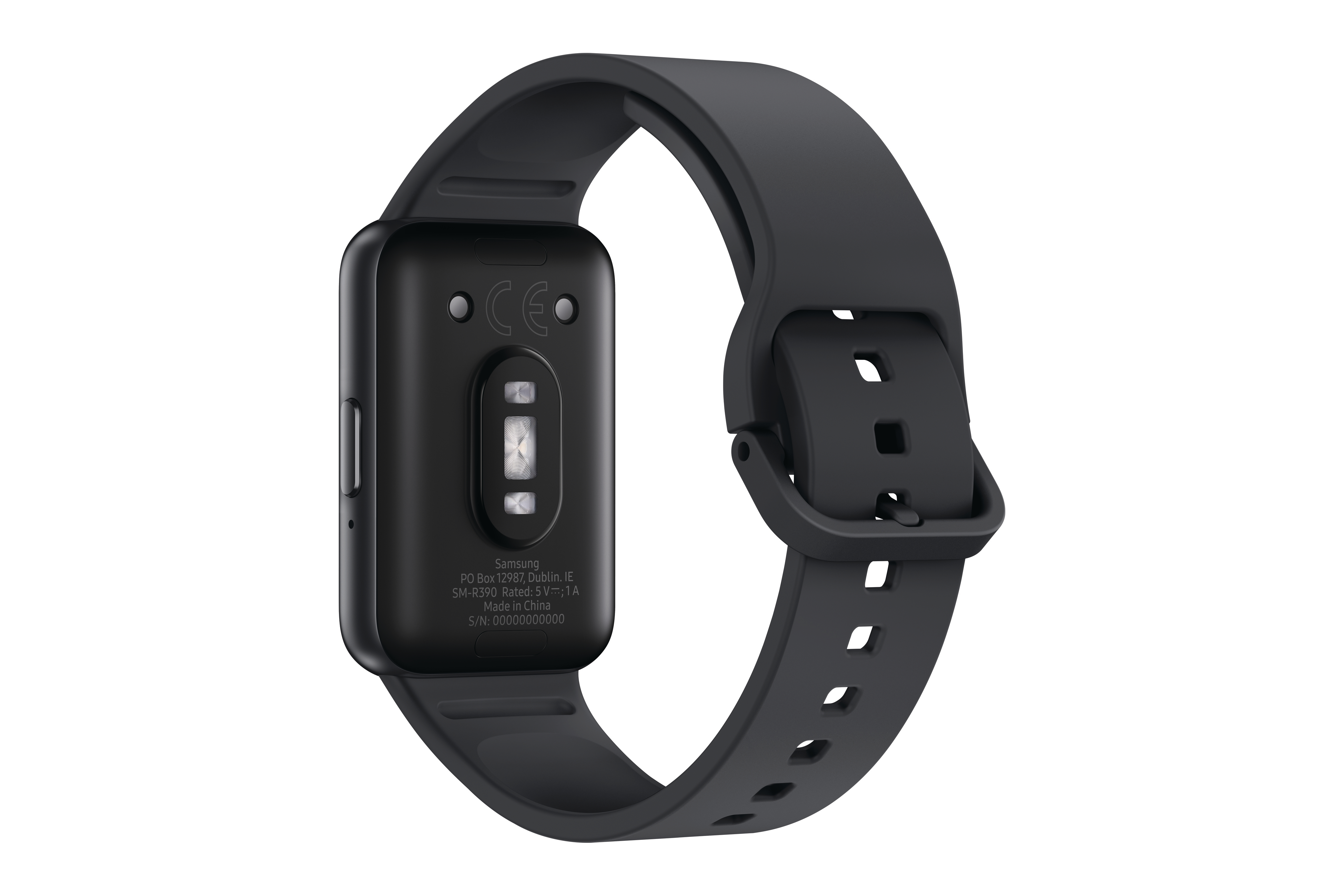 Schwarzer Fitnesstracker, Rückansicht mit Sensoren und Branding, an schwarzem Silikonarmband. Weißer Hintergrund.
